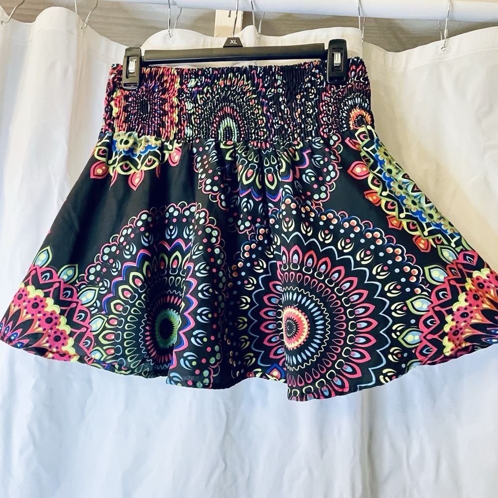 Coline Womens Sz One Size (FS) Flowy Smocked Waist‎ Vibrant Mándala Boho Skirt